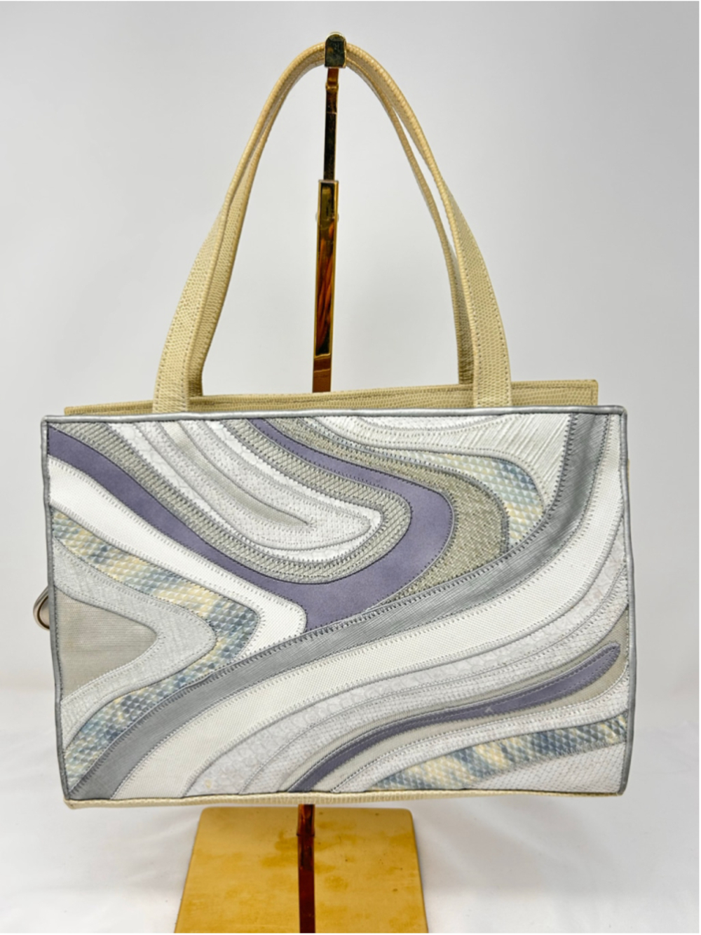 Vintage Sharif Wave Patchwork Textured Leather Handbag Cream Gray Lavender